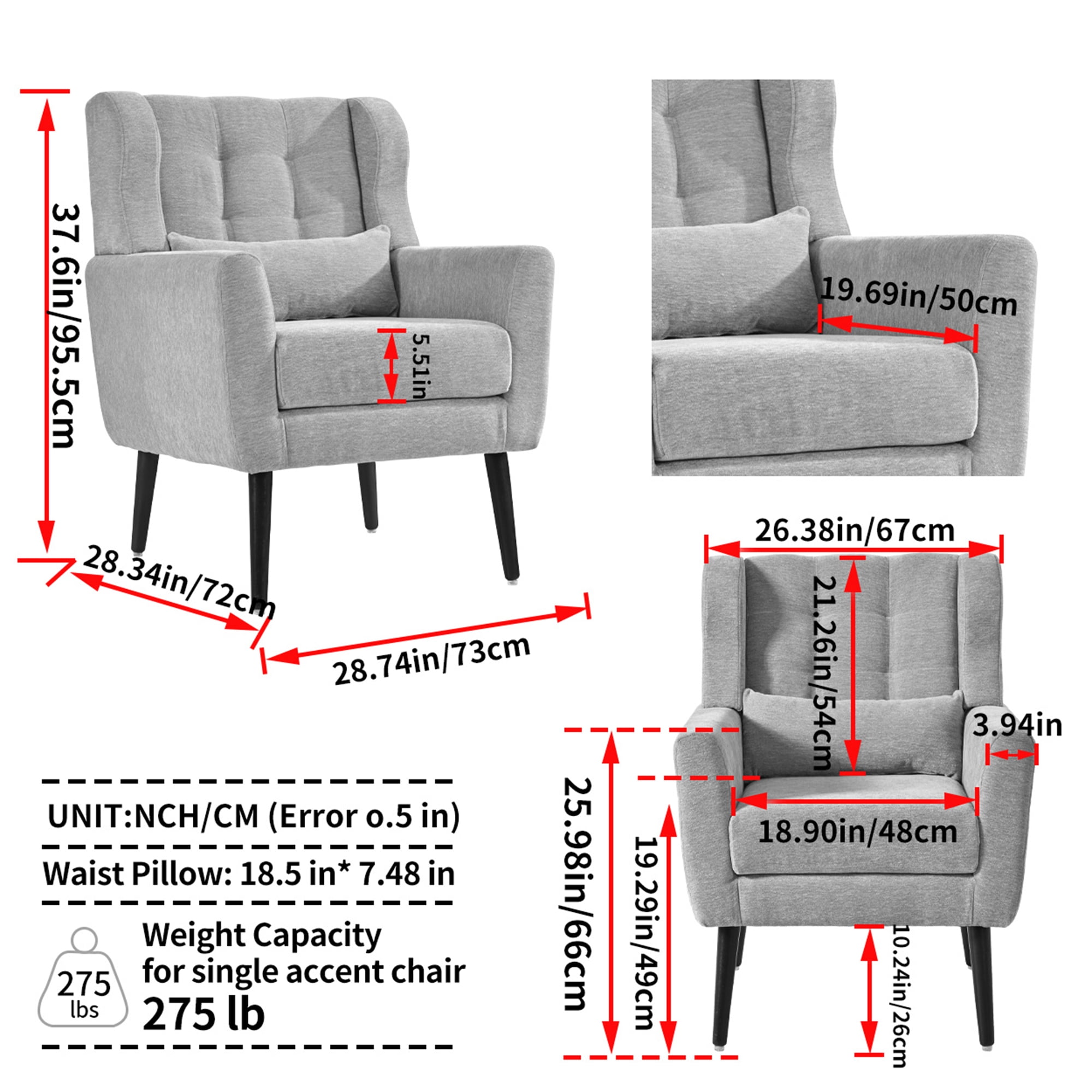 Leumius Modern Accent Chair with Solid Wood Leg, Chenille Armchair with Pillow, Comfy Soft Padded Lounge Chair for Small Space, Bedroom, Living Room Grey