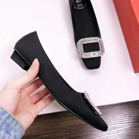 Spring and Autumn New RV Shallow Mouth Square Thick Heel High Heels Silk Satin Flat Mid Heel Square Buckle Rhinestone Shoes for Women