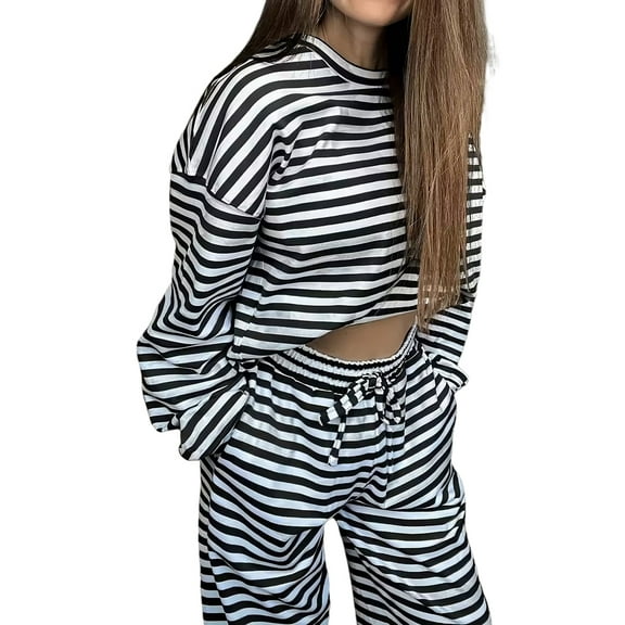 Women'S Striped 2 Piece Lounge Set Casual Long Sleeve T-Shirt Drawstring Wide Leg Pants Matching Outfits Set Black XXL