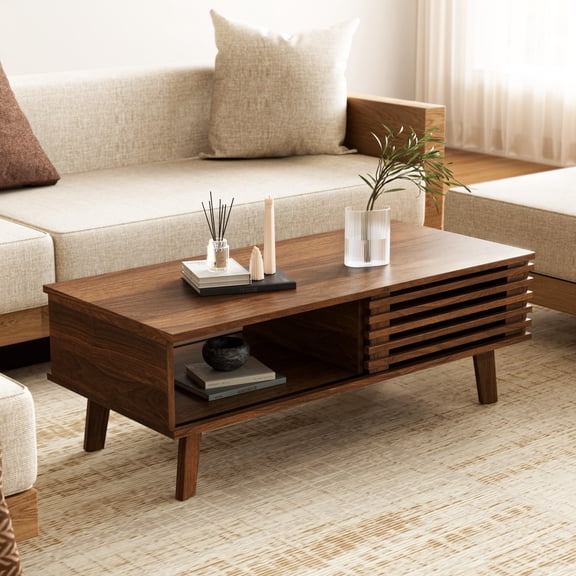 Mid-Century Modern Coffee Table with Storage, Walnut Wood Finish, 47.2W x