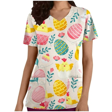

JGGSPWM Easter Scrub Tops for Women Easter Animal Print Short Sleeve V Neck Medical Nurse Uniform with Pockets Rabbit Print Nursing Tops Yellow-04 L