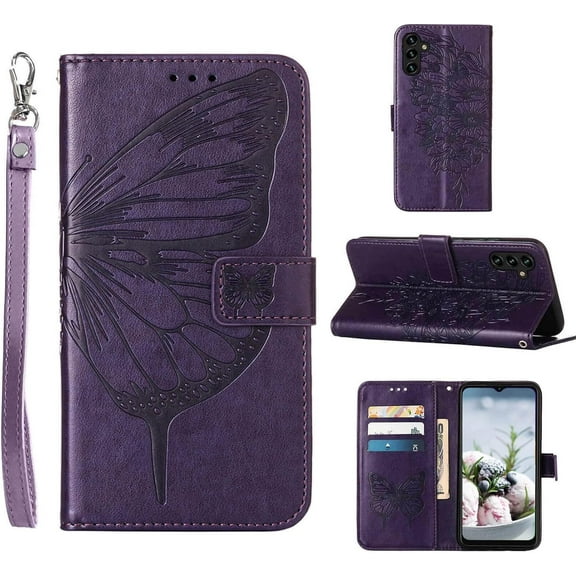 Compatible for Samsung Galaxy A14 5G Case,for Galaxy A14 5G Wallet Case [Kickstand][Wrist Strap][Card Holder Slots] Butterfly Floral Leather Flip Protective Cover for Samsung A14 5G Case (Purple)