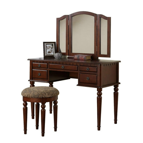 Benzara BM167178 Commodious Vanity Set with Stool & Mirror - Cherry Brown