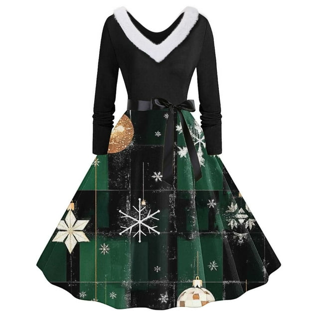 TIMIFIS Robes de Noël pour Femmes Imprimé de Noël Laid Robes Ligne A Robe de Bal Col en V Manches Longues Plissée Rétro