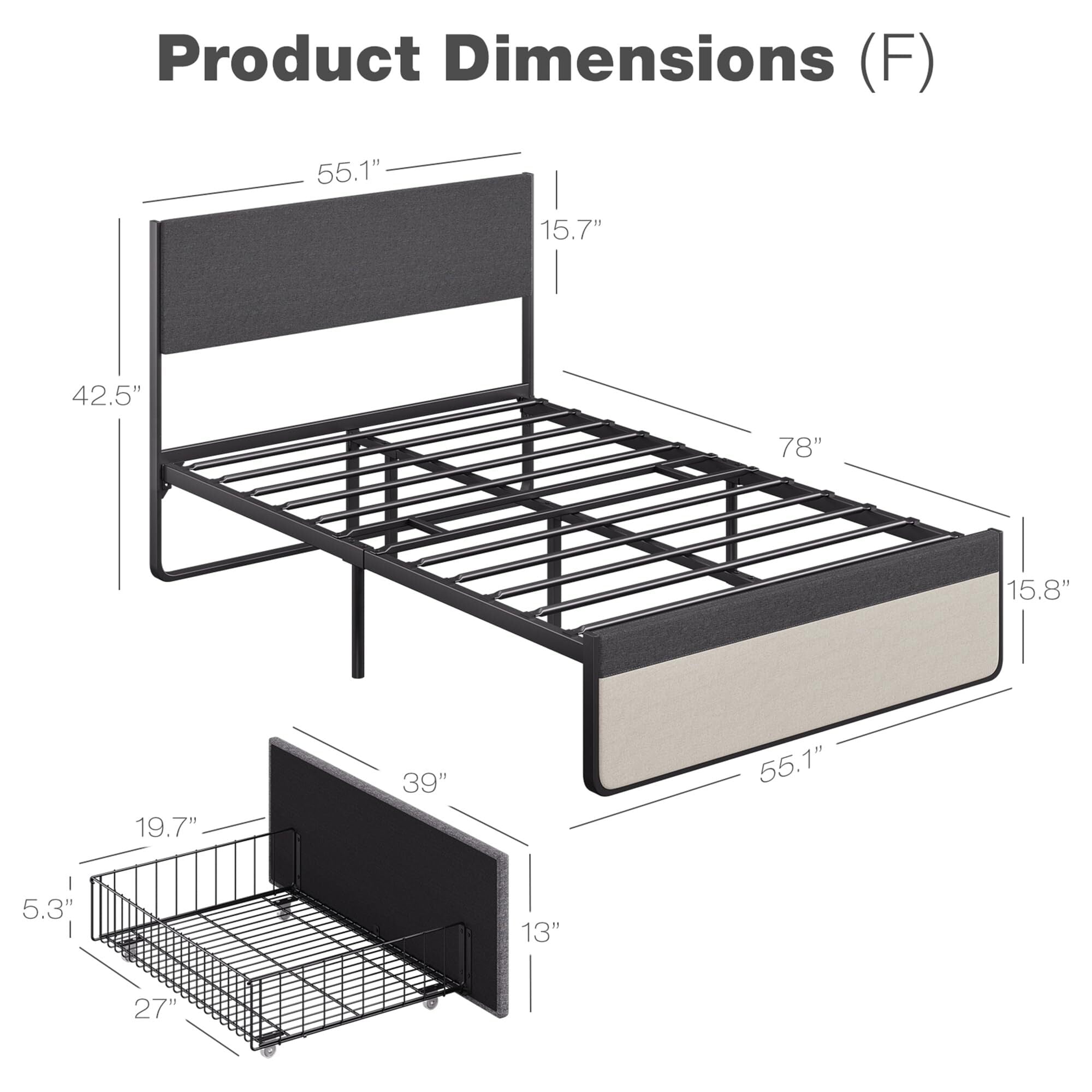 Jojoka Queen Size Upholstered Platform Bed Frame with 2 Storage Drawers, Headboard & Footboard, 14" Mattress Foundation with Steel Slats, Noise-Free Design, No Box Spring Needed