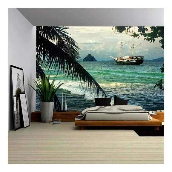 wall26 - Beautiful Seascape with Sailing on The Sea of Old Ships Against Cloudy Sky and Islands - Removable Wall Mural | Self-Adhesive Large Wallpaper - 100x144 inches