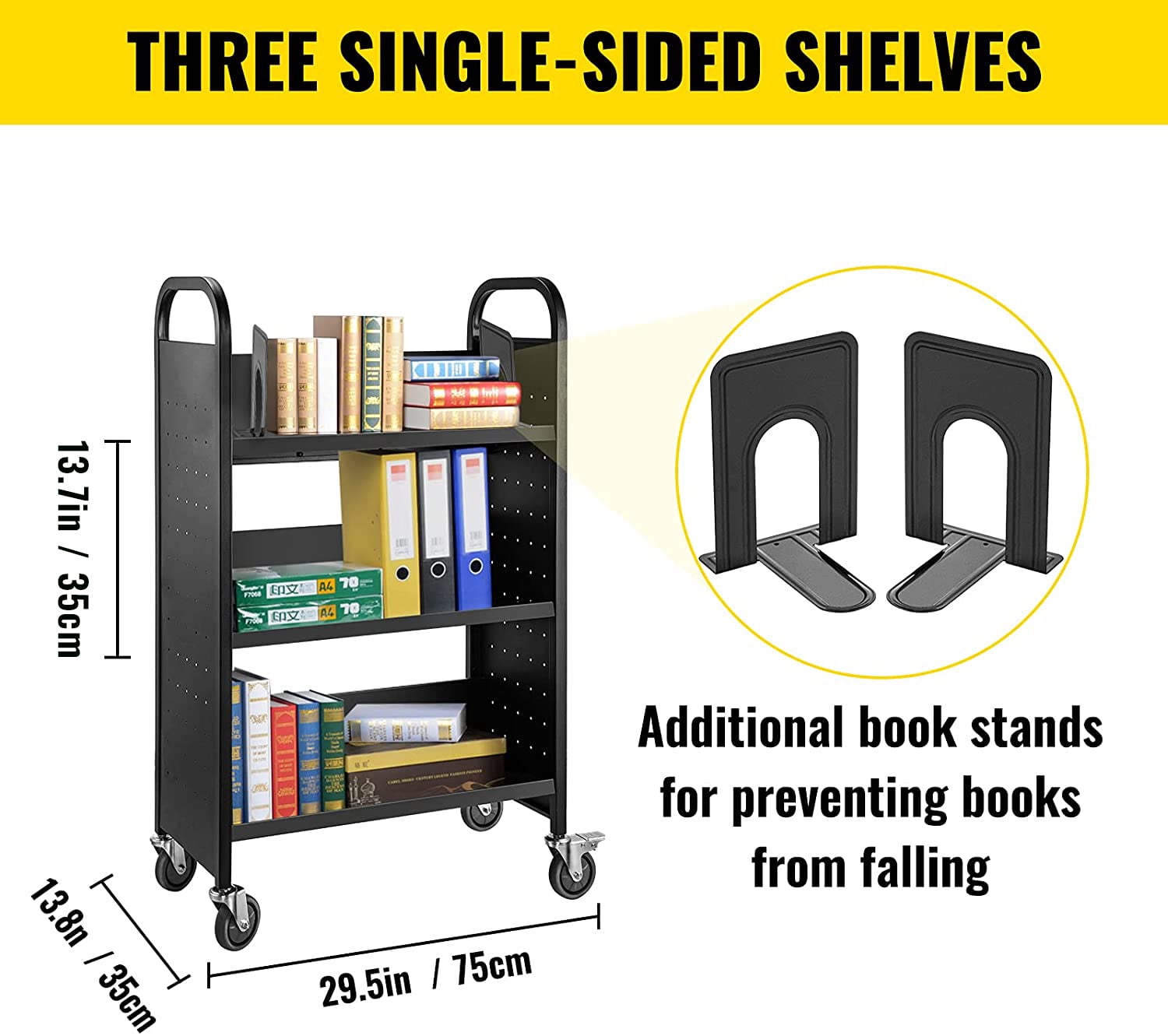 VEVOR Book Cart,200lbs Single Sided V-Shaped Library Cart, Rolling Book Cart with 4 inch Lockable Wheels for Home Shelves Office and School Book Truck in Black