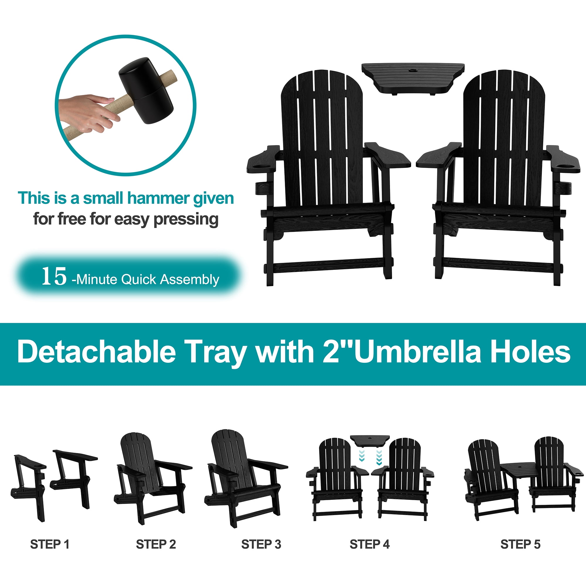 Walsunny Adirondack Chairs Set of 2 Fire Pit Chair Set with Connecting Tray Cup Holder Removable Tabletop,All-Weather HDPE Outdoor Chair Set for Patio Garden Lawn,Black