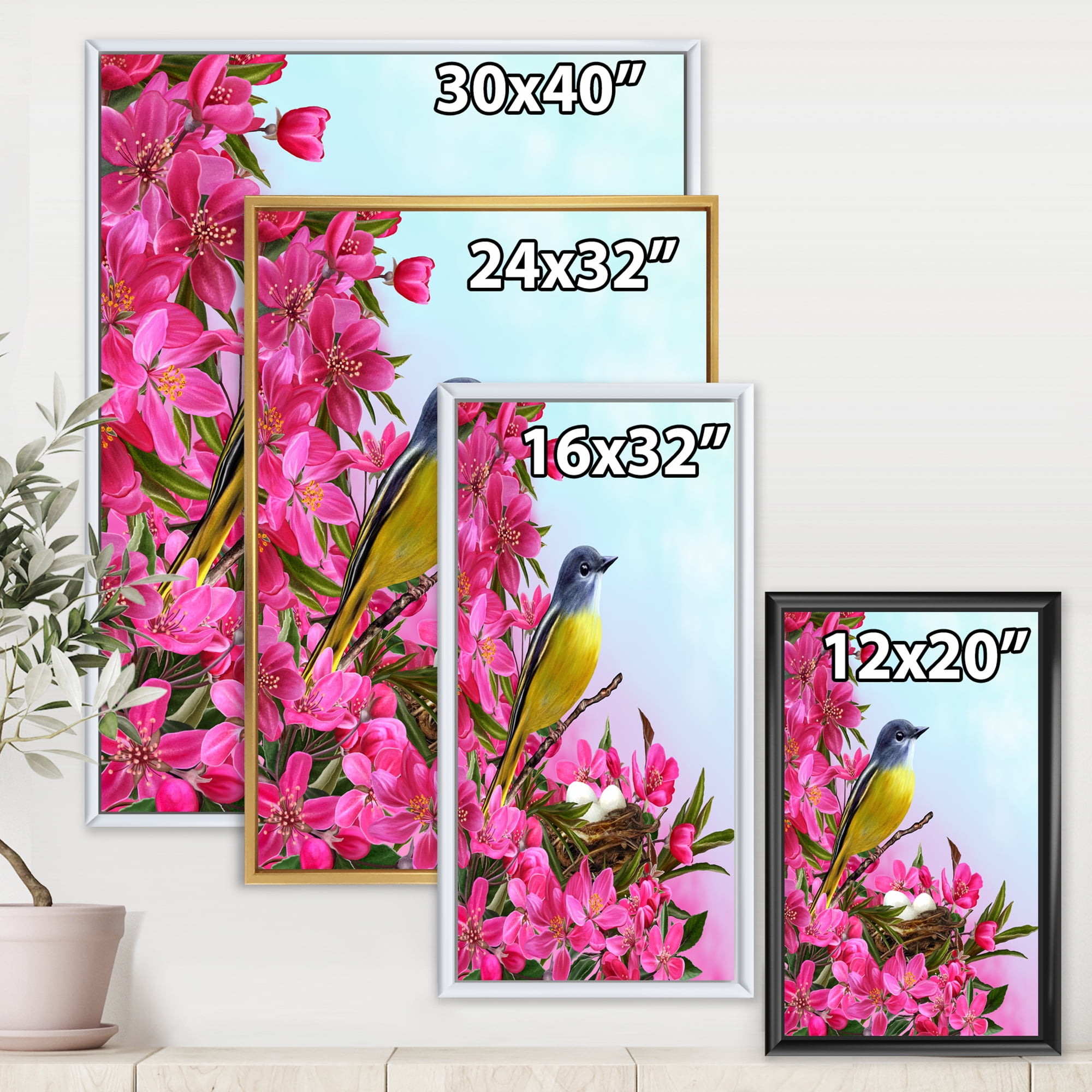 Designart 'Little Yellow Bird Near The Nest with Pink Flowers' Traditional Framed Canvas Wall Art Print
