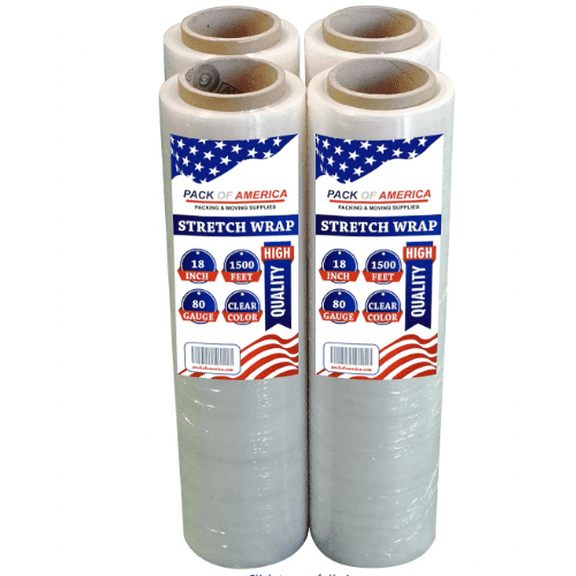 Pack of America Stretch Film - 4 Roll Clear, 18” x 1500 Feet, 80 Gauge (20 Micron) Industrial Heavy Duty Plastic Shrink Wrap and Dispenser for Packing, Shipping, Pallet, Moving Supplies