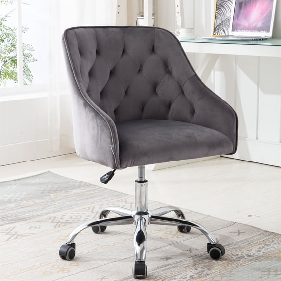 Modern Velvet Accent Chair, SYNGAR Comfy Upholstered Vanity Chair with 360 Degree Swivel, Height Adjustable Office Desk Chair, Task Chair with Soft Arm and Back for Home, Office, Gray, D4330