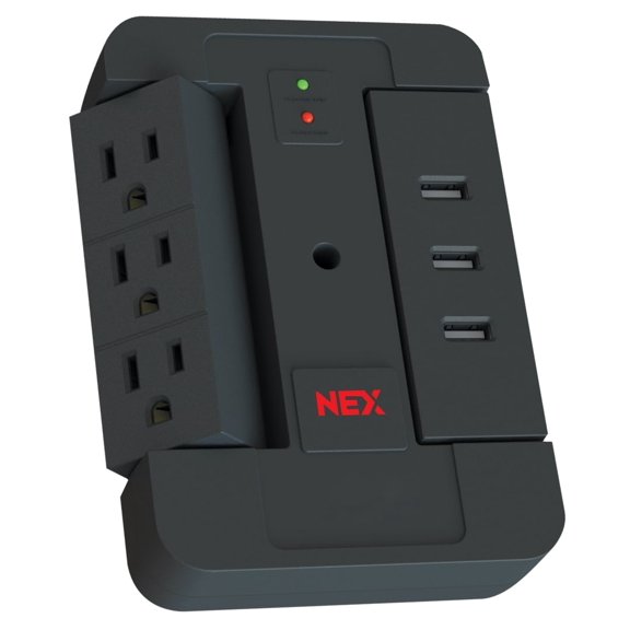 NEXSW33AU-B 3 Outlet Swivel Space Saving 3USBA Port Surge Protector Wall Tap, Android, iPad, iPhone, iPod Compatible,1200J Joules, 2.4AMP Quick Charge, Black Finish