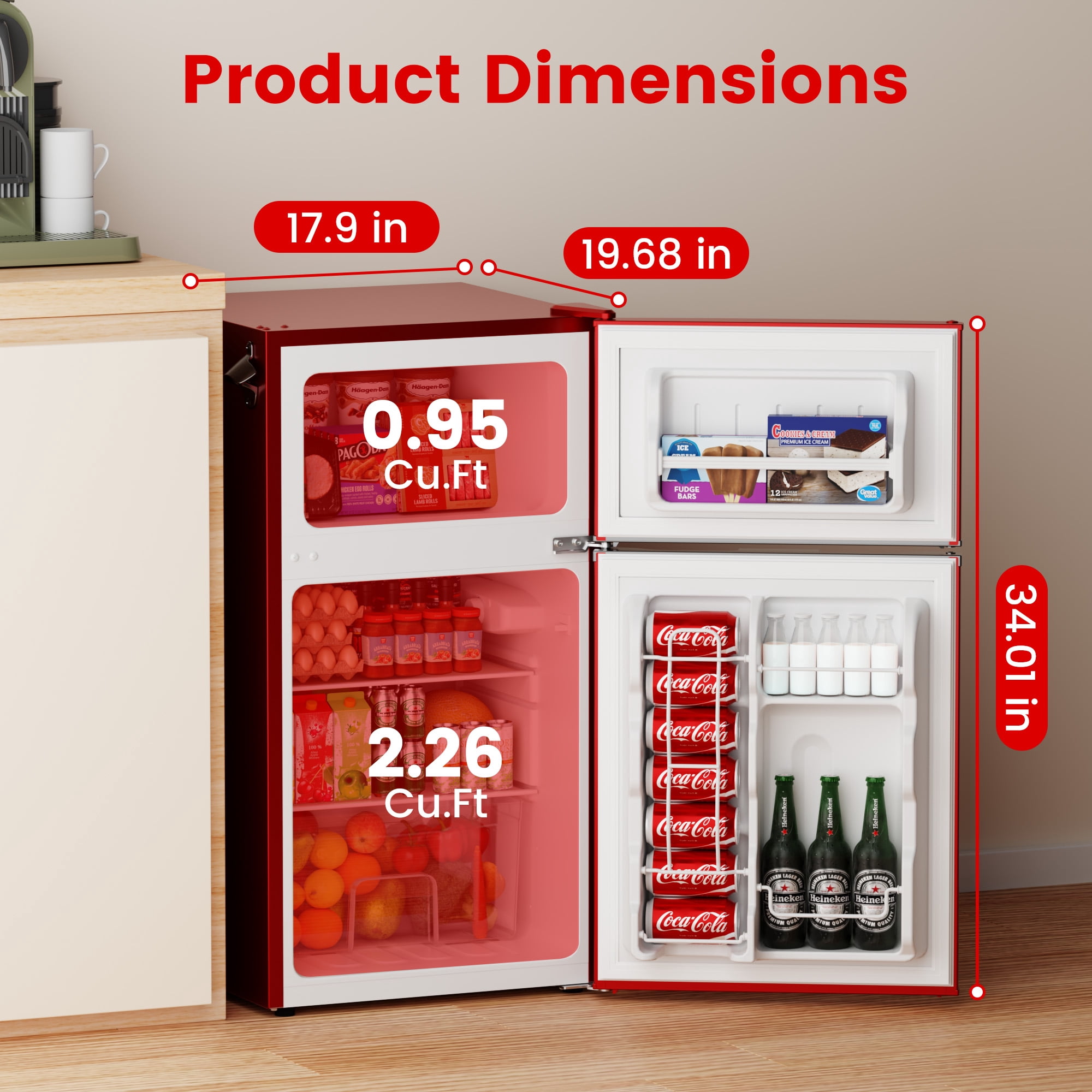 BANGSON 3.2 Cu.Ft Retro Mini Fridge with Freezer, Small Refrigerator for Dorm Room & Home Bar ,Red