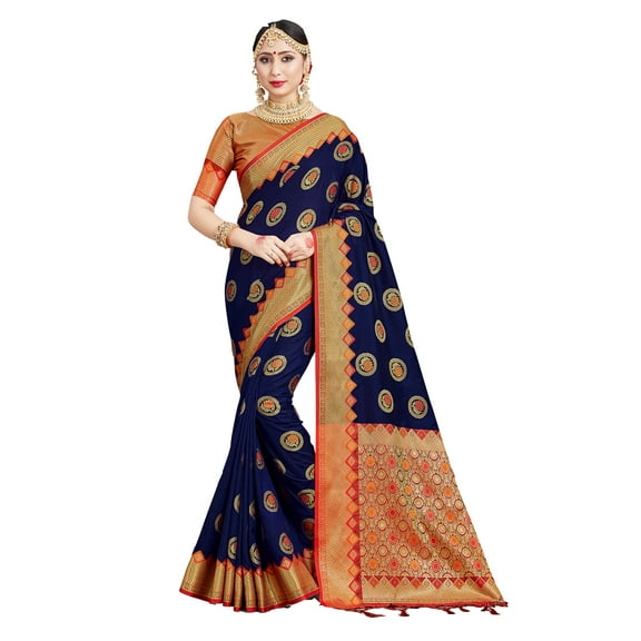 Sarees for Women Banarasi Art Silk Woven Sari - Indian Ethnic Gift Diwali Festival Saree with Unstitched Blouse Navy Blue