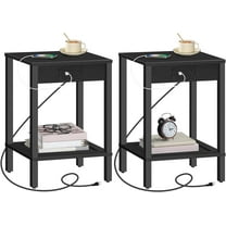 Side Table with Charging Station, Set of 2 End Tables with USB Ports and Outlet, Nightstand with 2-Tier Storage Shelf, for Living Room, Bedroom, Small Space, Black