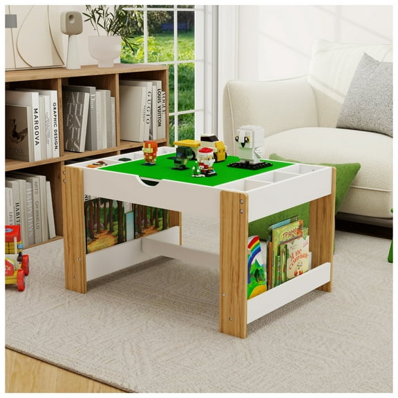 Kids 2 in 1 Play Table with 7 Storage Compartments,Compatible with LEGO Building Block,Modern Activity Learning Table Game Furniture-White