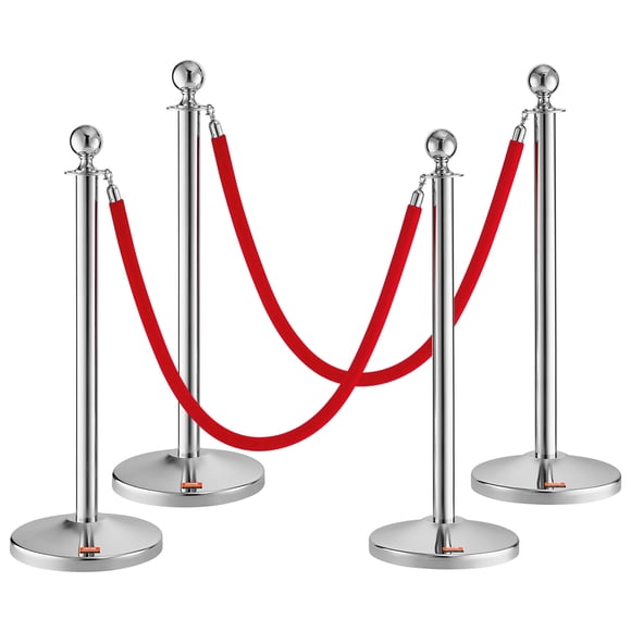 VEVOR Stanchion Post with Velvet Rope, 4-Pack Crowd Control Stanchion with 2PCS 5FT Red Velvet Ropes, Stainless Steel Queue Barrier Line Divider
