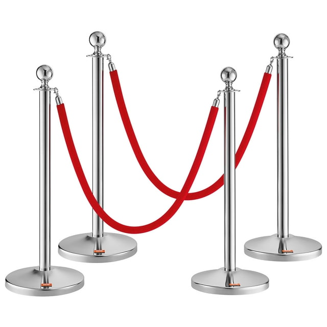 VEVOR Poste de poste con cuerda de terciopelo, paquete de 4 postes de control de multitudes con 2 cuerdas de terciopelo rojo de 5 pies, divisor de línea de barrera de cola de acero inoxidable