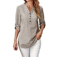 thumbnail image 2 of Warop Women's Plaid Elegant V Neck 3/4 Sleeve Button Down Blouse Shirt with Sleeve Tab for Office Work Daily Wear, 2 of 9