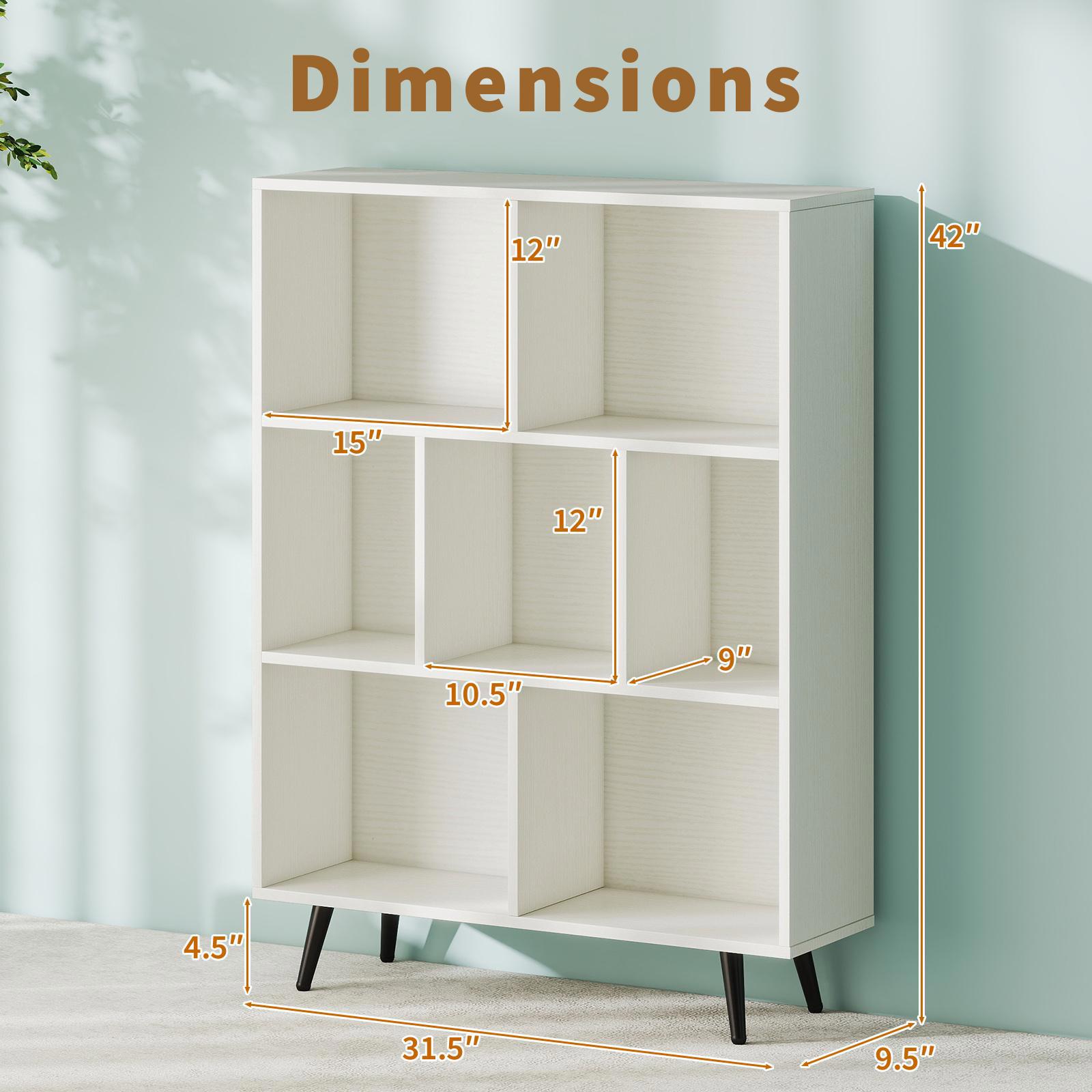 Barara King 7-Cube Bookshelf with 5 Tapered Metal Legs, Bookcase Display Standing Shelf for Living Room, Bedroom, Office Room, Study Room, White