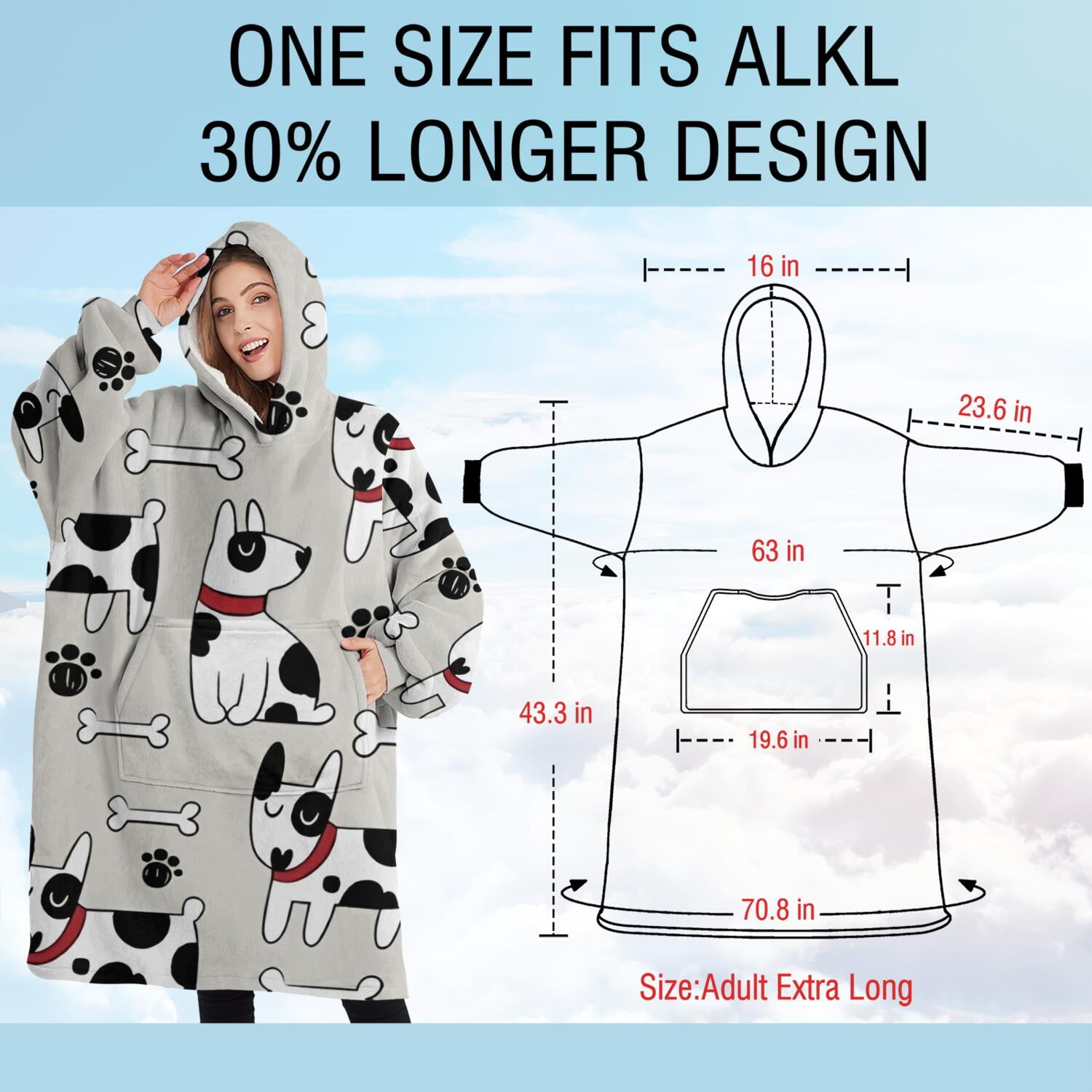 Oversized Wearable Blanket Hoodie,Bulldog Dog Sherpa Blanket Hoodie with Super Pockets,Super Warm Fuzzy Pullover for Women & Men