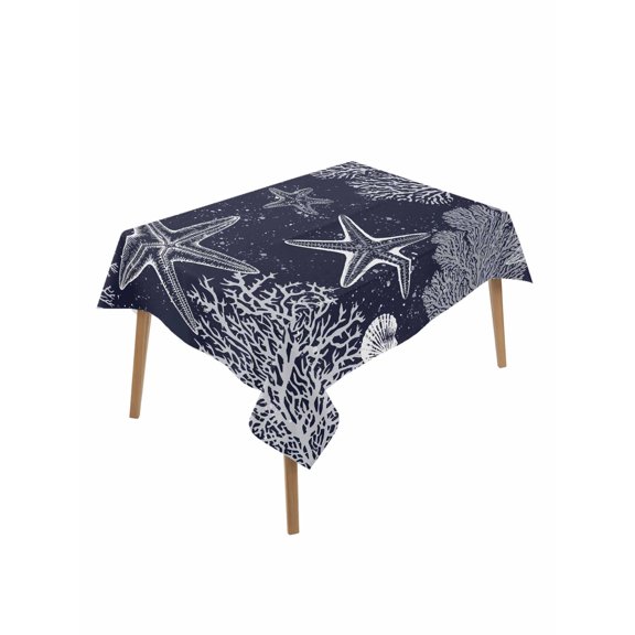 Navy Blue Coastal Table Cloth, Waterproof Tablecloth for Rectangle Tables, Starfish Coral Summer Beach Ocean Reusable Washable Fabric Table Cover for Restaurant Kitchen Dining Tables 60"x84"