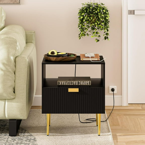 Masupu Nightstand with Charging Station, Dresser for Bedroom, Fluted Night Stand, End Table for Living Room, Mid Century Modern Bedside Table with Drawers, Furniture Black Stripe