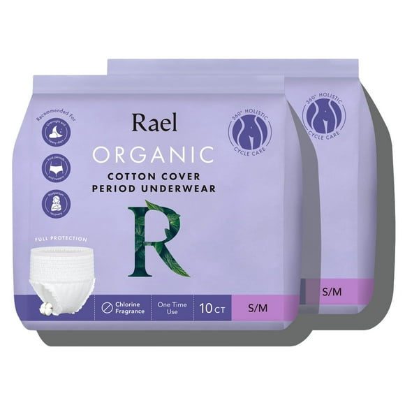 Rael Organic cotton cover Overnight Underwear - Panty Style Pad, Unscented, Disposable Period Underwear, Postpartum, Teen, Maximum coverage (Size S-M, 20 count)