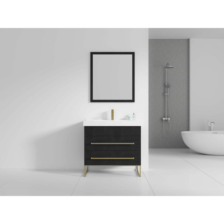 Black Marble and Brass Sink Vanity on Black Wall - Contemporary