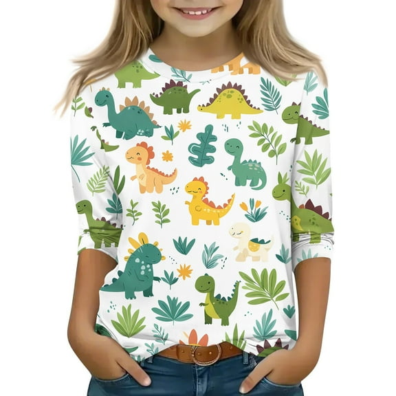 Xyxonk Girls Tops Size 5-12 Winter 3/4 Sleeve Tops Dinosaur Print Round Neck Shirt 2025 Flowy Athletic Blouses