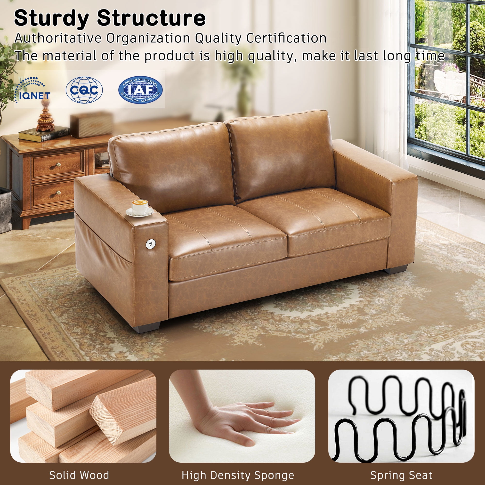 BedLuxury 70” PU Leather Loveseat Sofa,Comfy Modern 2-Seats Sofa for Small Space and Living Room, Removable Cover, Wide Armrest,USB/Type-C Port, Brown