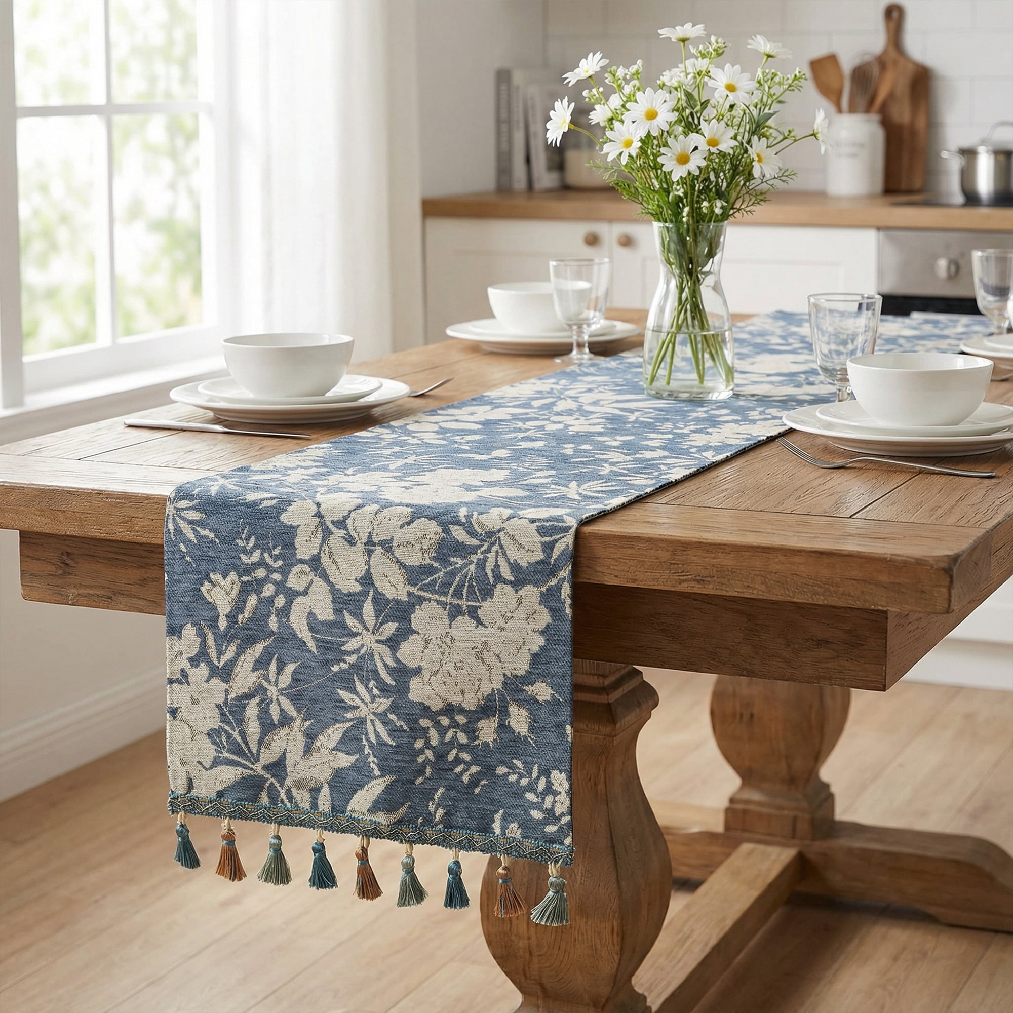 Unique Bargains Floral Table Decoration Kitchen Runner with Tassel Blue 13.8x63in