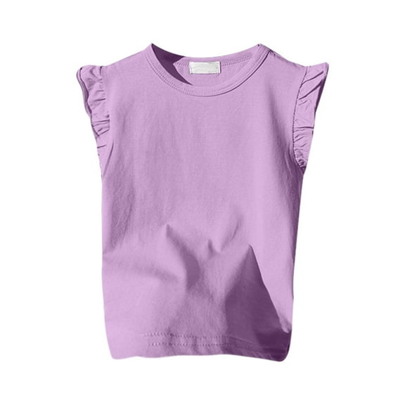 SUXIAN Girls Ruffle Sleeve T Shirt Solid Color Vest Basic Short Sleeve Casual Tops Purple 7-8Years