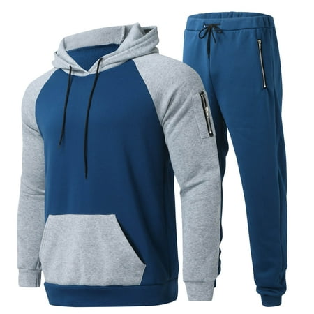 

TANGNADE Graphic Hoodies For Men Male Casual Solid Two Piece Suit Zipper Pocket Raglan Sleeve Hoodies Drawstring Pants Set Zip Up Blue