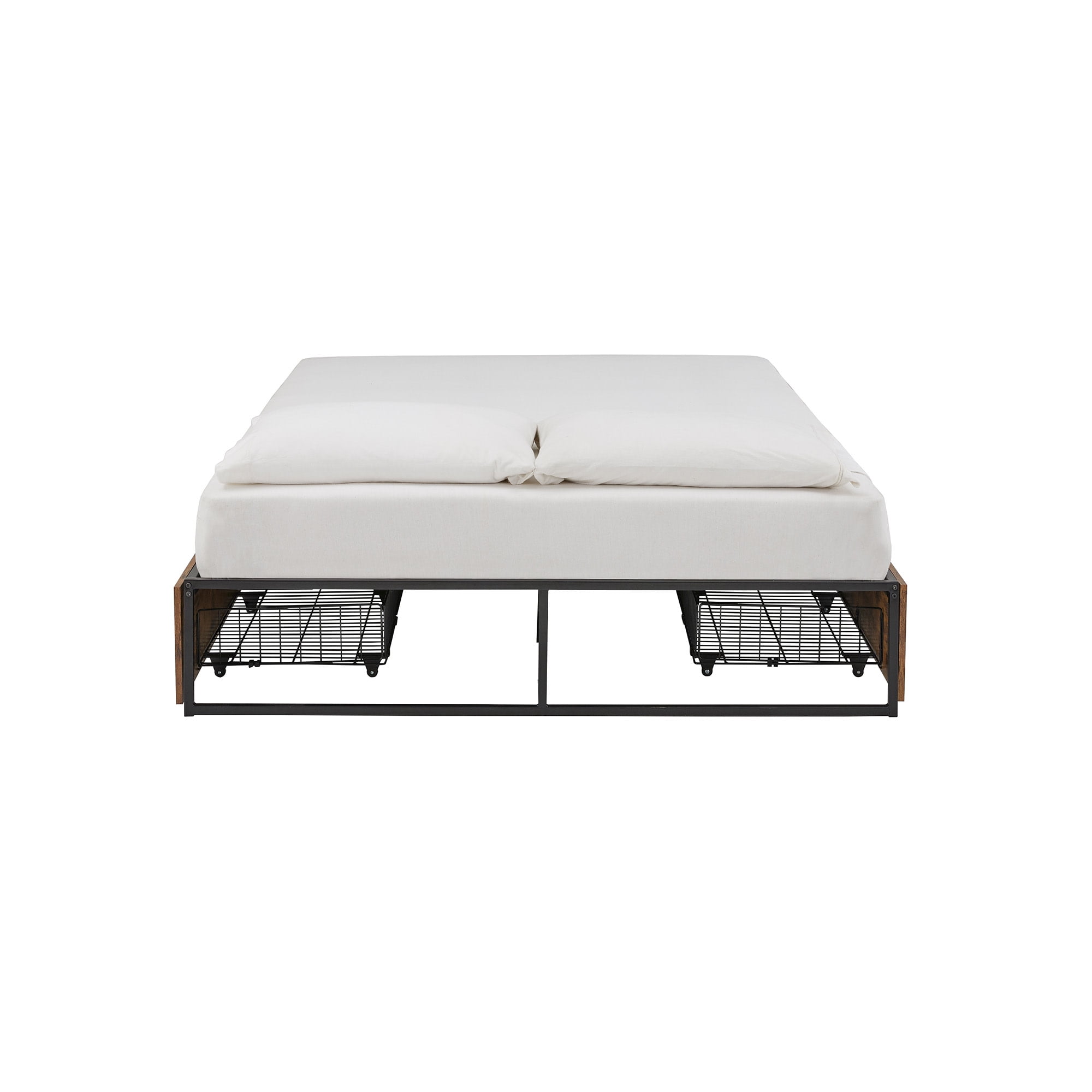 Weston Home Utica Wood Finish Panel Black Metal Platform Bed with Storage Drawers, Queen Size