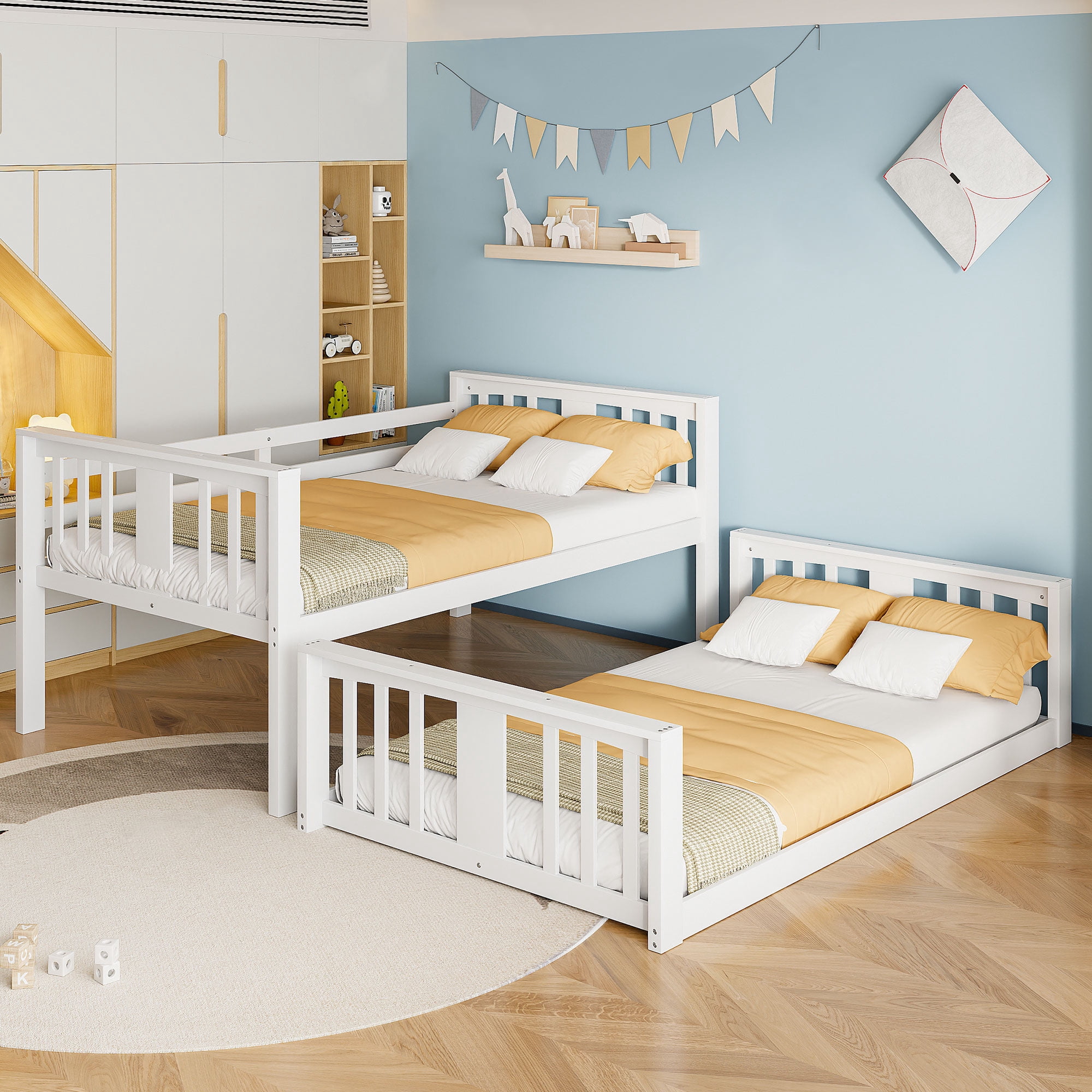 Aukfa Heavy Duty Twin over Twin Bunk Bed, Convertible Into Two Beds for Kids Teens, White