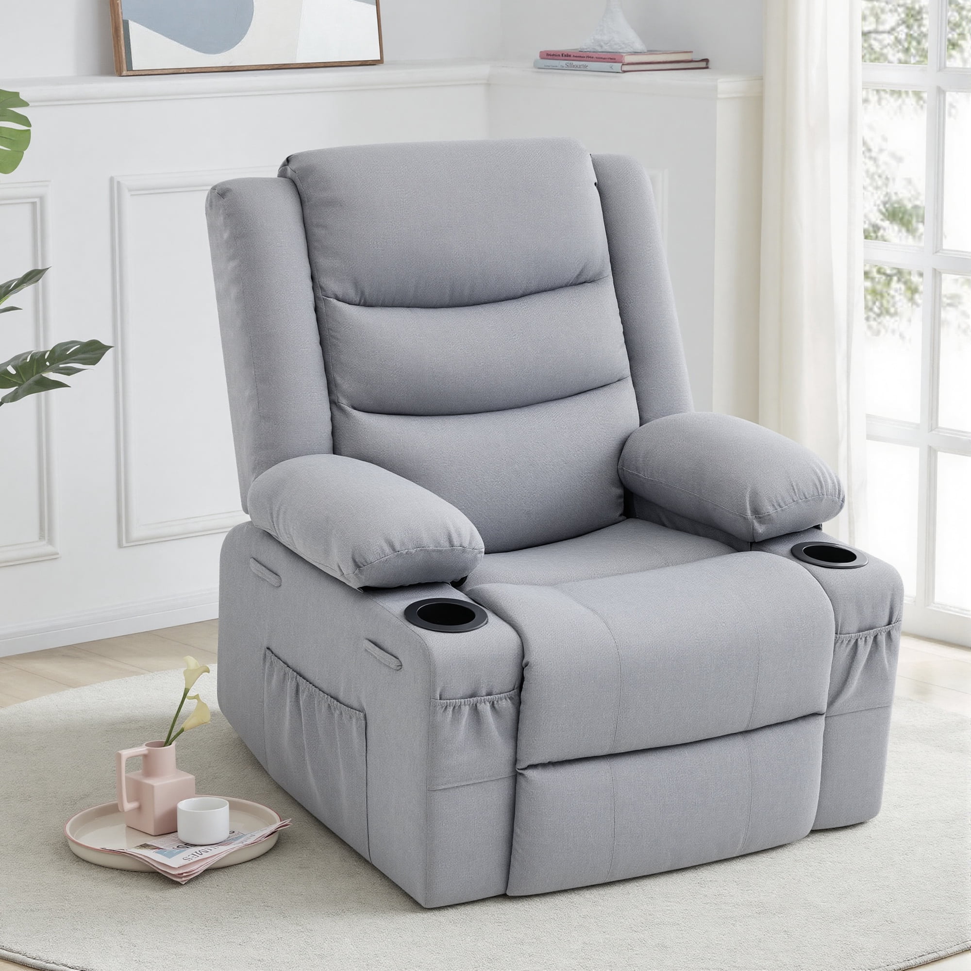 GAOHAPY Rocker Recliner Chair,360° Swivel Recliner Chair for Adults,Oversized Single Sofa Seat with Cup Holders,Recliner Single Sofa with Side Pocket(Grey)