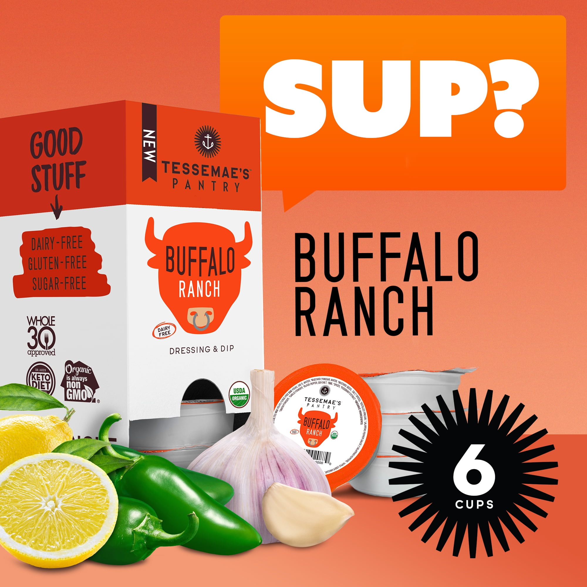 Tessemae's Organic Buffalo Ranch Dip Cups Salad Dressing & Dip, 1.5oz, Sugar Free, Dairy Free, Gluten Free, Whole30 Approved, Keto Friendly