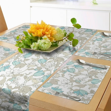 

Floral Table Runner & Placemats Soft Tone Hand Drawn Like White Flowers Pointy Petals Repetitive Pattern Set for Dining Table Placemat 4 pcs + Runner 16 x90 Turquoise Grey Yellow by Ambesonne