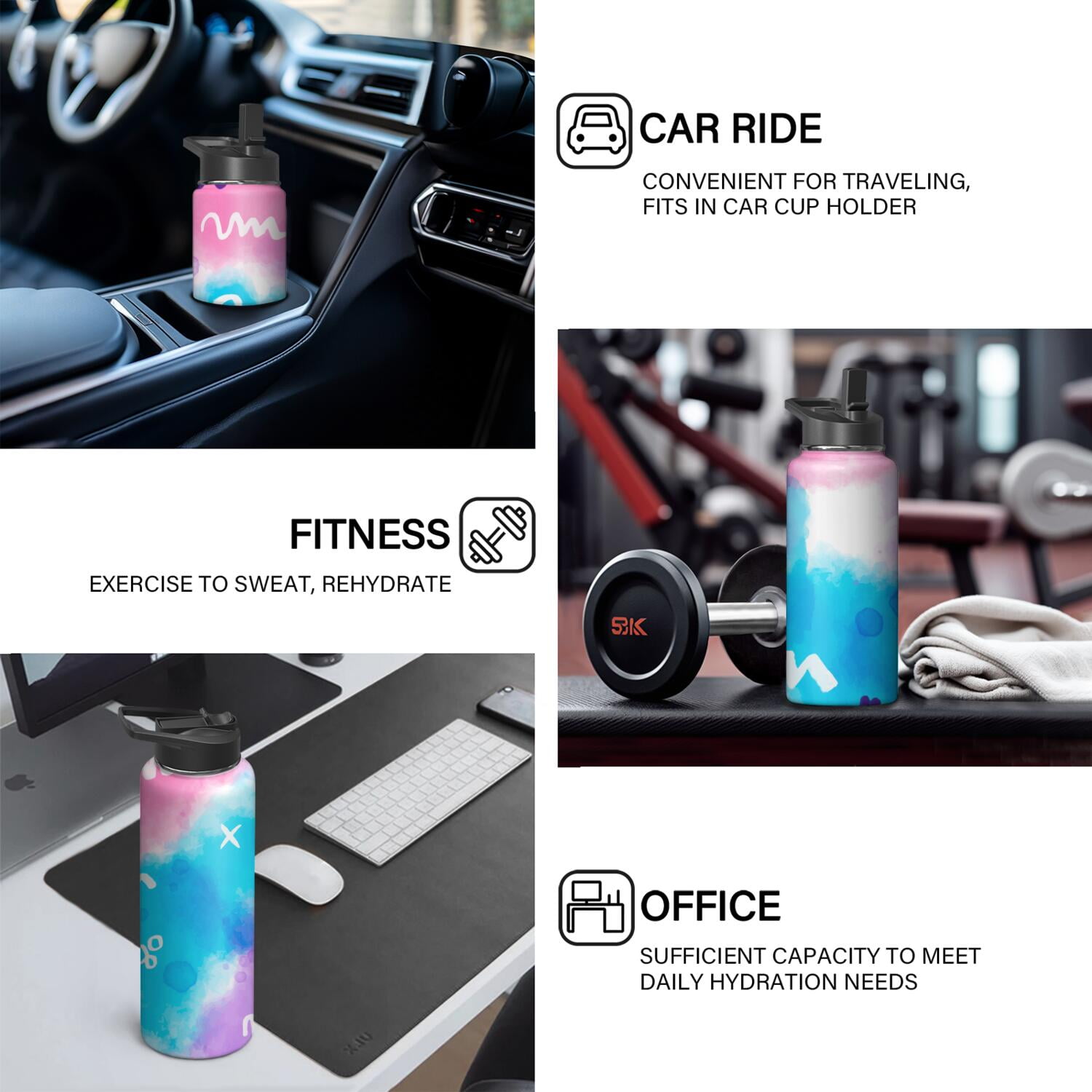 18oz Insulated Water Bottle with Straw & Cleaning Brush, Wide Mouth Stainless Steel Flask, Watercolor Splatter Painting Print