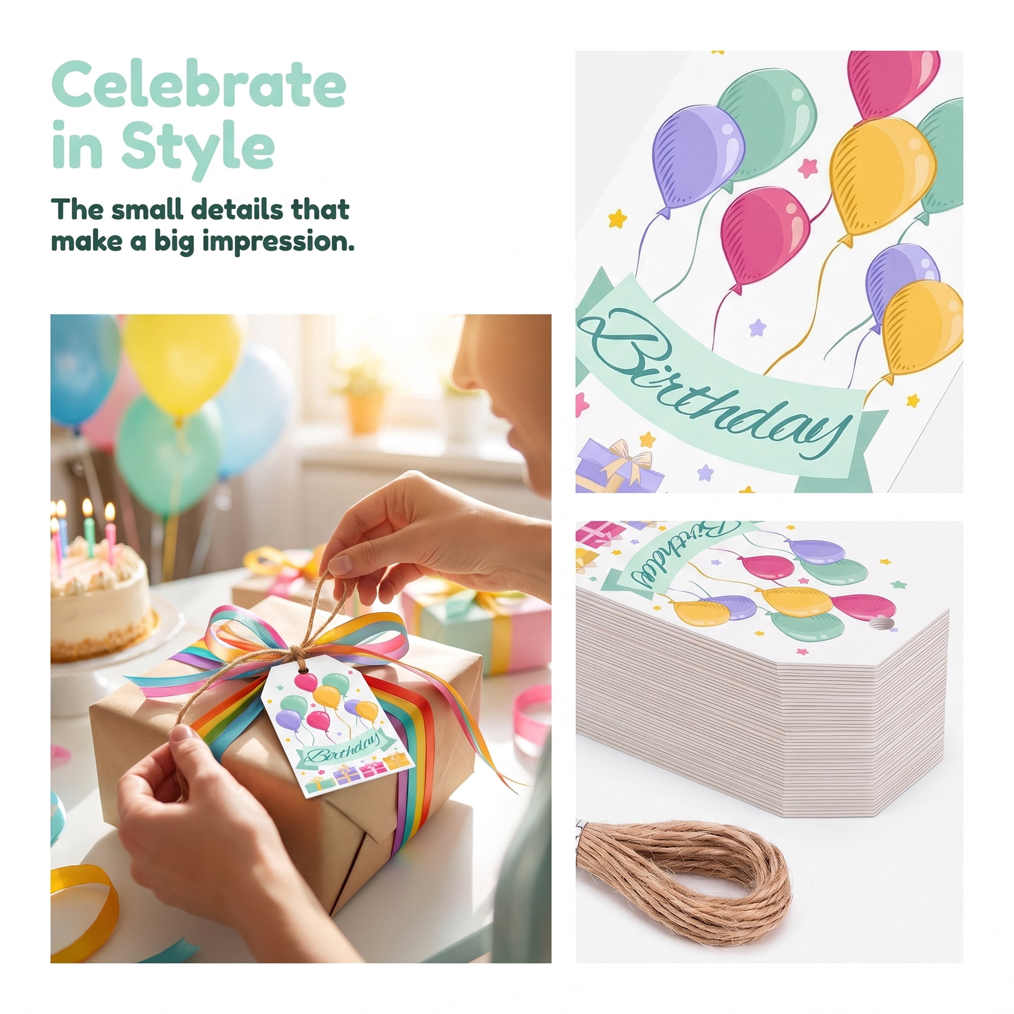 Unique Bargains Vibrant Birthday Gift Tags with Jute Twine Balloon Pattern 2.2" x 3.3"
