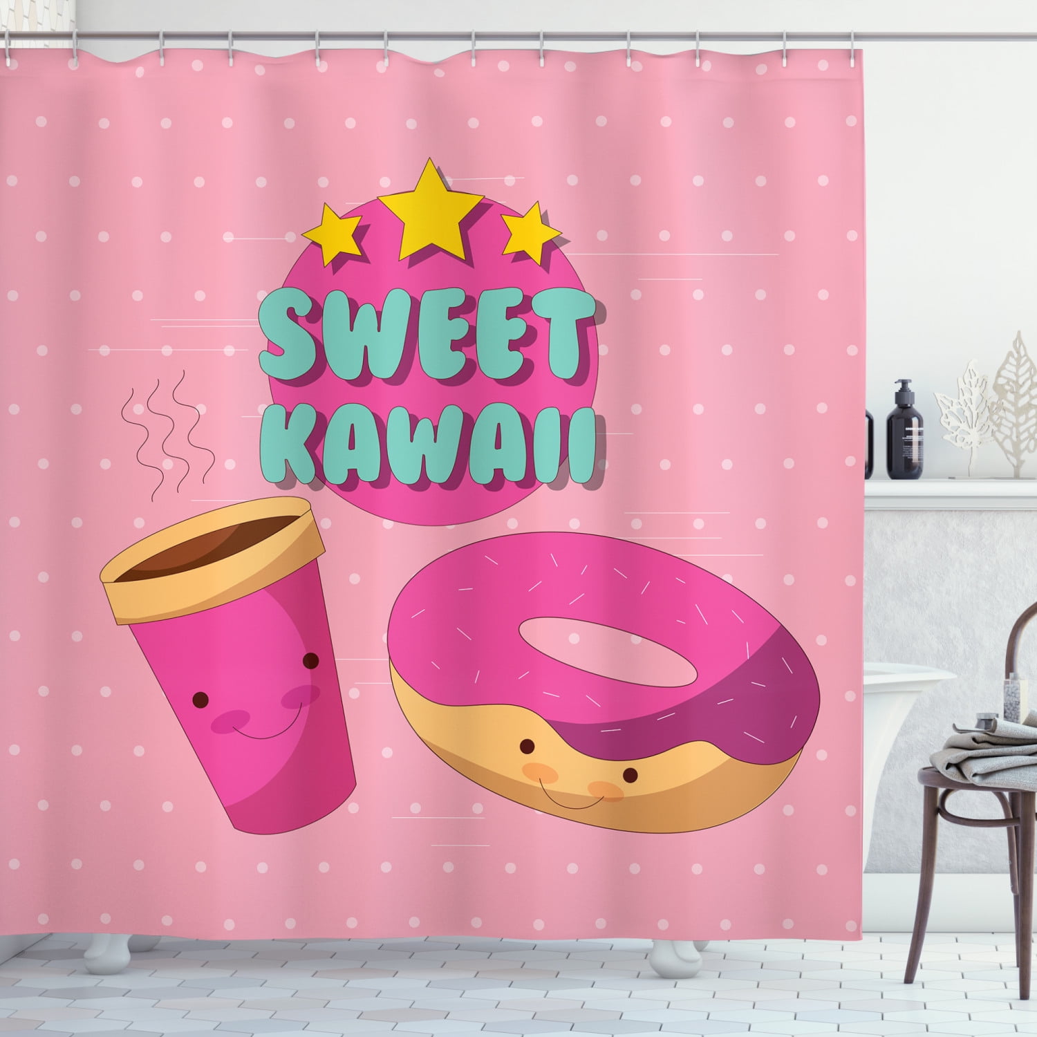 Ambesonne Anime Shower Curtain, Kawaii Donut Coffee, 69"Wx70"L