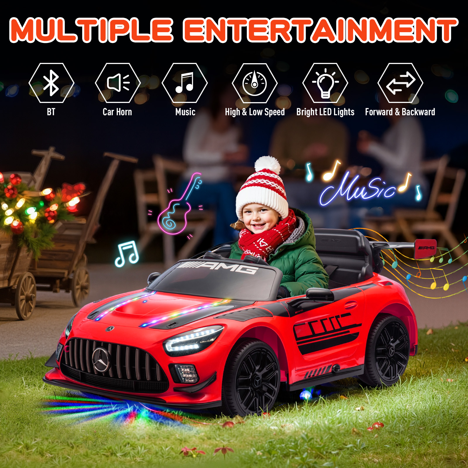MUKIDY 12V Licensed Mercedes-Benz AMG GT3 Electric Ride on Car Toy for Toddler Kid w/ Remote Control, LED Lights, MP3 Player, Orange