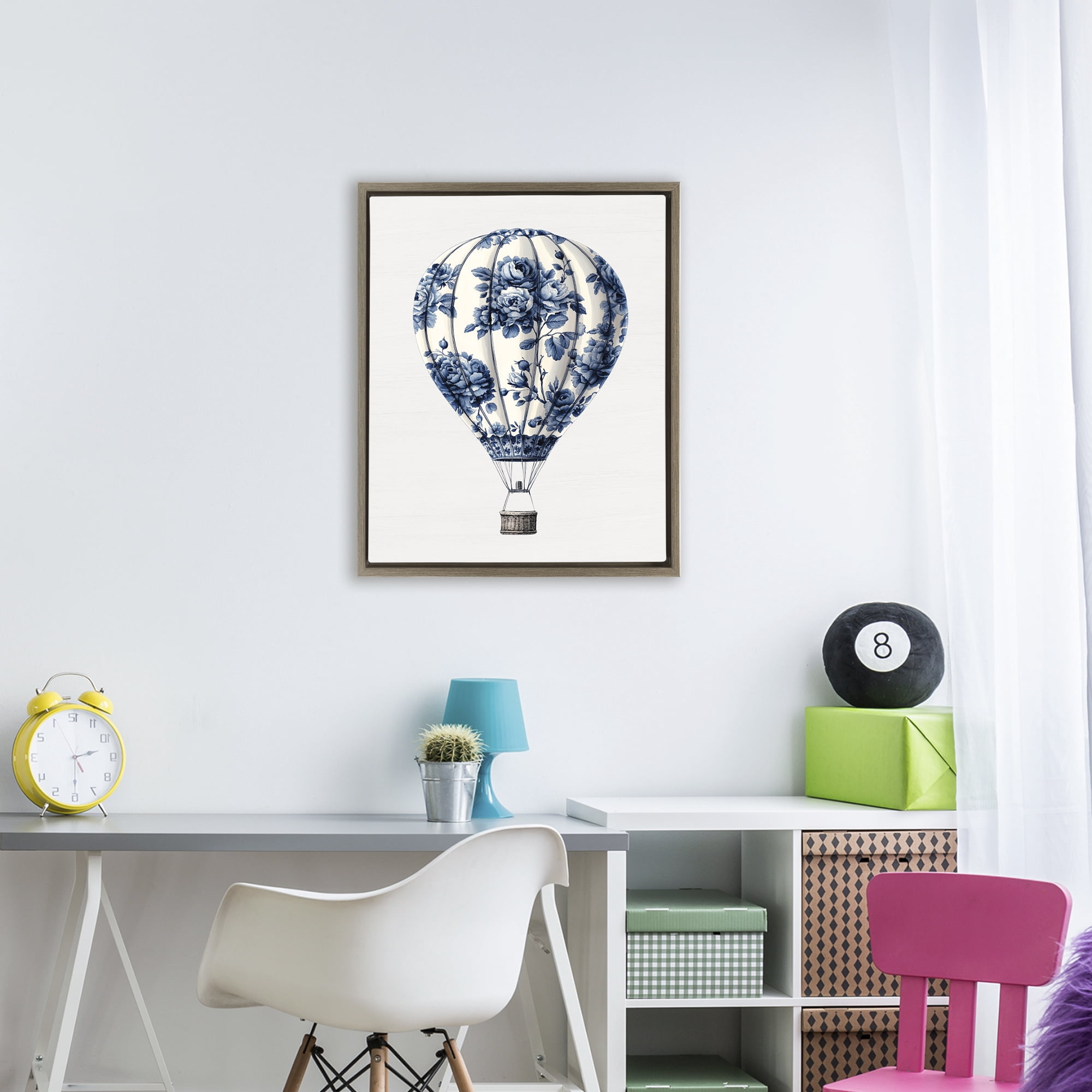 Vintage Toile Hot Air Balloon Brown Framed Floater Canvas Wall Art, design by Lettered and Lined