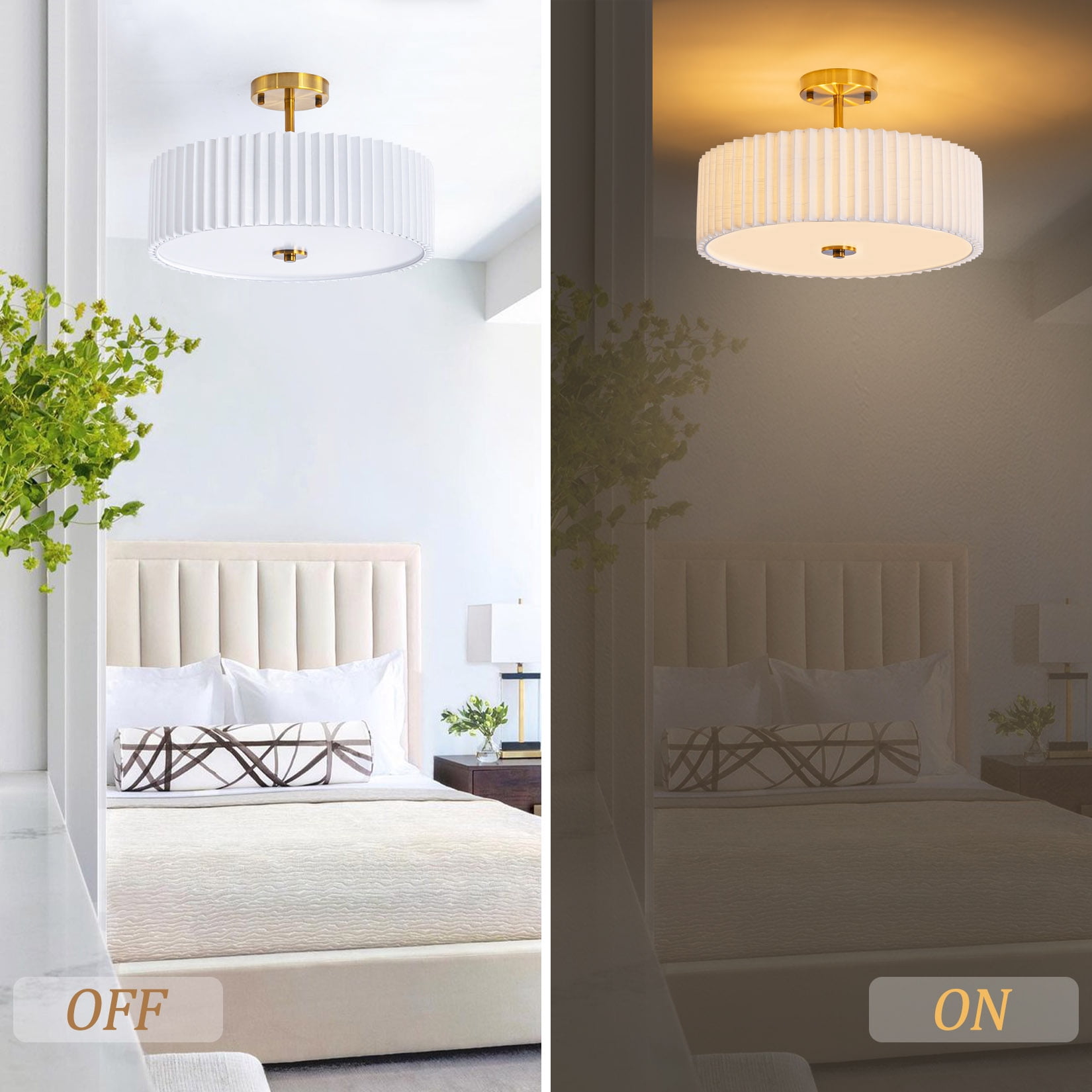 BESTOMINE 16.5 Inch Semi Flush Mount Ceiling Light Fixture,Gold Finish with Pleated Fabric Shade,3-Light Flush Mount Ceiling Light,Modern Light Fixtures Ceiling Mount for Bedroom,Hallway,Nursery Room