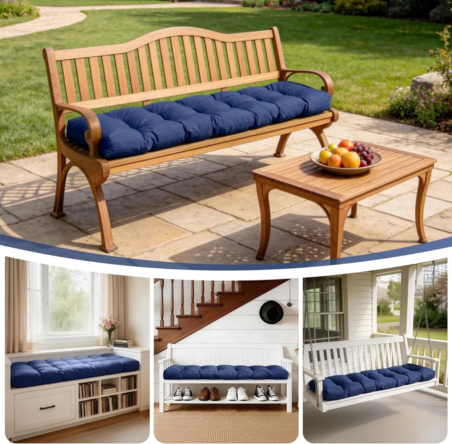 Outdoor Bench Cushion 48x18x5 Inch, Waterproof & Fade-Resistant Patio Furniture Cushions, Tufted Memory Foam Indoor/Outdoor Cushions for Couch Swing with Non-Slip Backing & Straps, Dark Grey