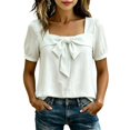 thumbnail image 2 of Women's Square Neck Bow Blouse - Puff Sleeve Casual Top with Tie Front Detail, Lightweight Summer Shirt for Date & Daily Wear White XXL, 2 of 6