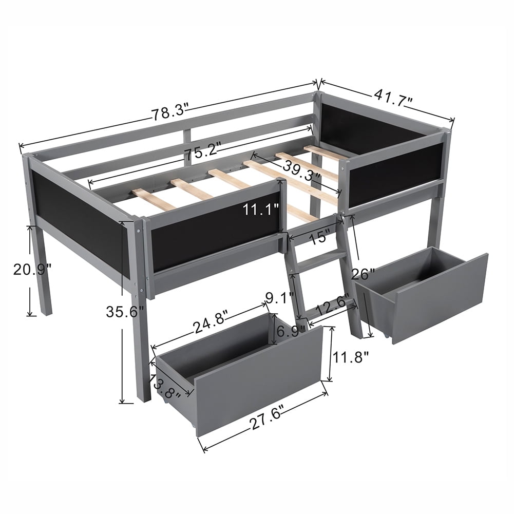 Kadyn Twin Size Low Loft Bed with Two Drawers,with Decorative Guardrail Chalkboard,Gray