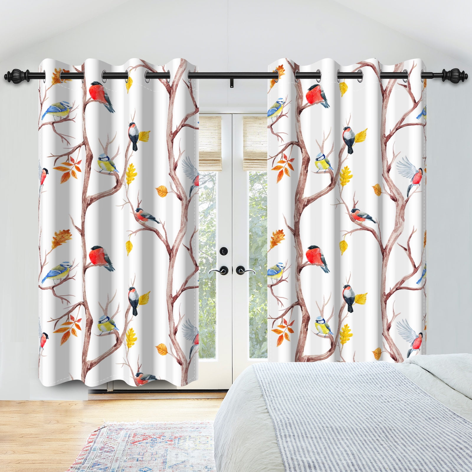 SUNOLIFE White Blackout Curtains 2 Panels 63 Inch Birds Darkening Window Curtains for Living Room Bedroom
