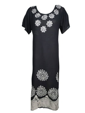 Mogul Women Long Dress Boho Chic Lovely Batik Embroidered Black Dresses L
